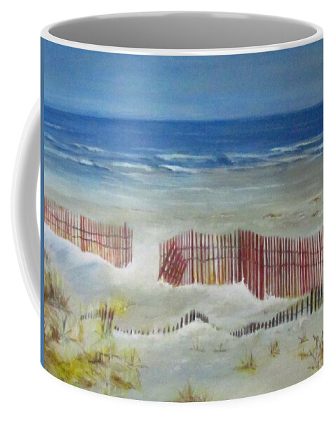 Painting Coffee Mug featuring the painting Beach With Red Fence by Paula Pagliughi