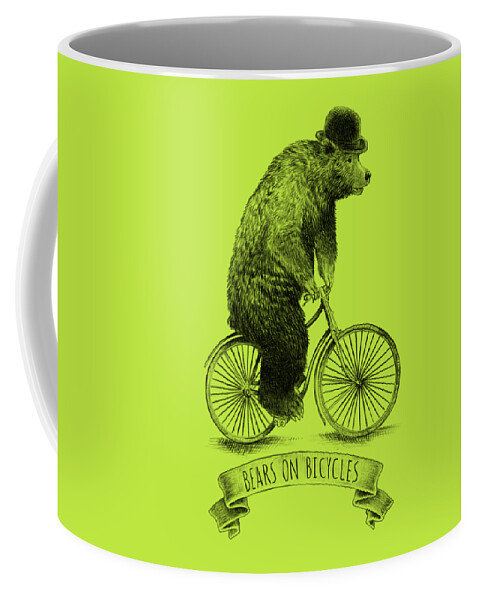 Bear Coffee Mug featuring the drawing Bears on Bicycles - Lime by Eric Fan