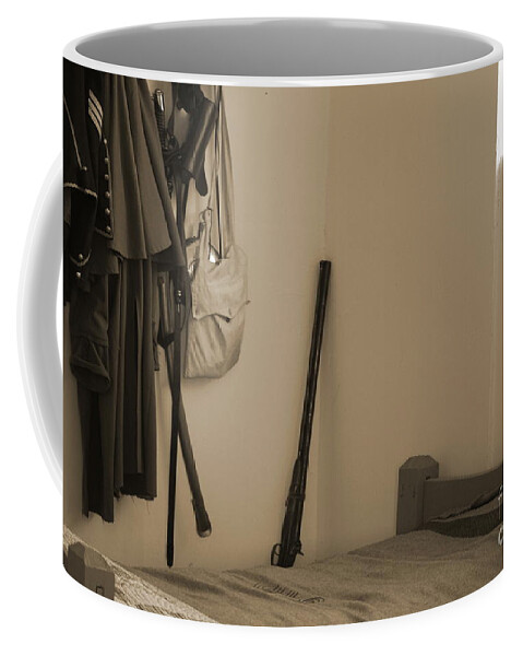 Bed Coffee Mug featuring the photograph Bed in Barracks at Fort Stanton New Mexico In Sepia by Colleen Cornelius