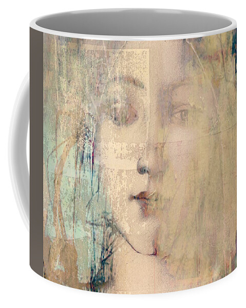Female Face Coffee Mug featuring the mixed media Behind The Painted Smile by Paul Lovering