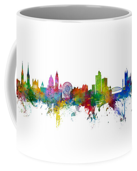 Manchester Coffee Mug featuring the digital art Belfast and Manchester Skyline Mashup by Michael Tompsett