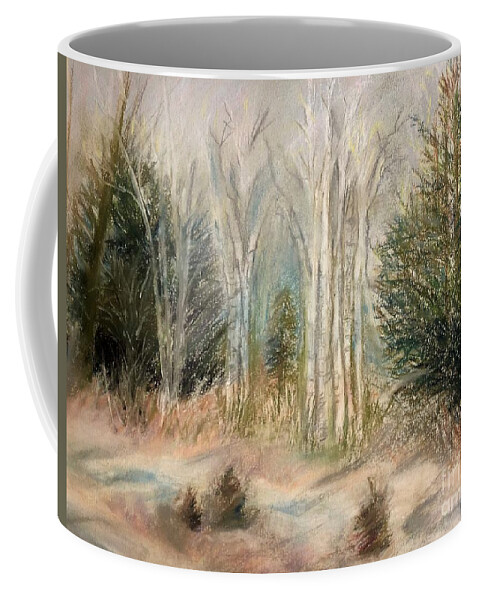 Birch Coffee Mug featuring the painting Foggy Birch by Deb Stroh-Larson