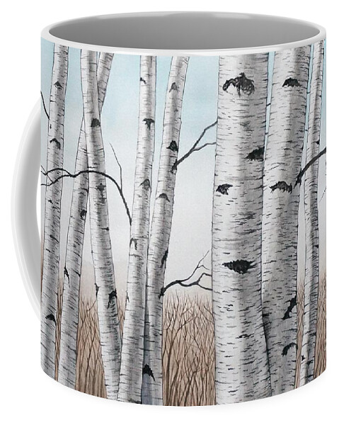 Birch Coffee Mug featuring the painting Birch Trees in Early Winter in Watercolor by Christopher Shellhammer