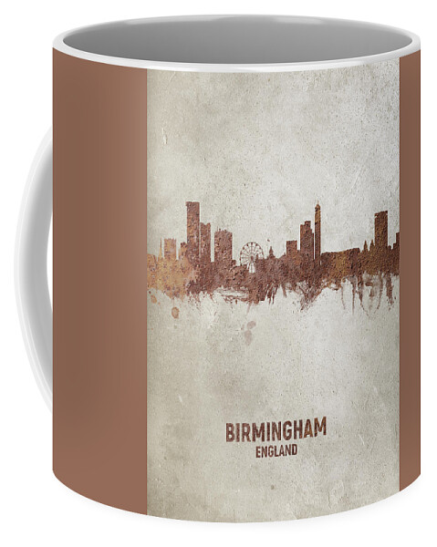 Birmingham Coffee Mug featuring the digital art Birmingham England Rust Skyline by Michael Tompsett