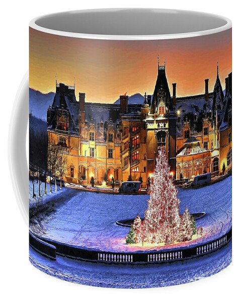 Holidays At Biltmore House Coffee Mug featuring the photograph Biltmore Christmas Night all Covered In Snow Painting by Carol Montoya