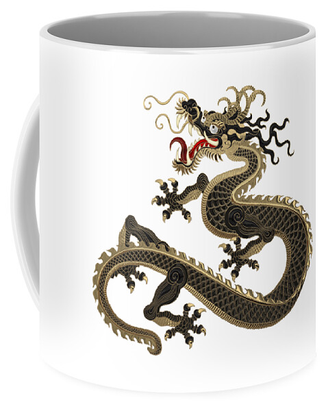 ‘the Great Dragon Spirits’ Collection By Serge Averbukh Coffee Mug featuring the digital art Black and Gold Sacred Eastern Dragon over White Leather by Serge Averbukh