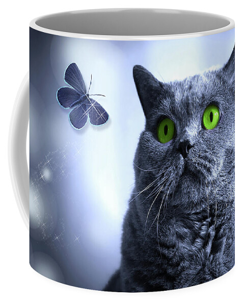 Cat Coffee Mug featuring the digital art Blue and the Butterfly by Doreen Erhardt