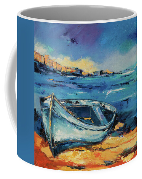 Boat Coffee Mug featuring the painting Blue Boat on the Mediterranean Beach by Elise Palmigiani