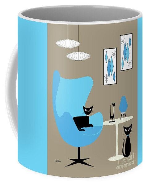Mid Century Modern Coffee Mug featuring the digital art Blue Egg Chair with Cats by Donna Mibus