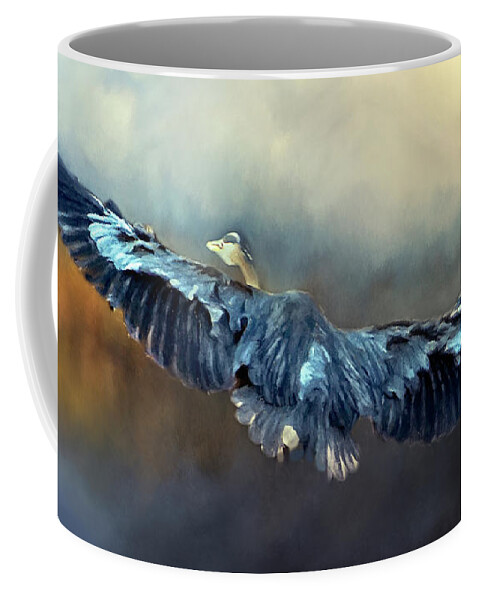 Blue Heron Coffee Mug featuring the painting Blue Heron Coming Home by Jeanette Mahoney