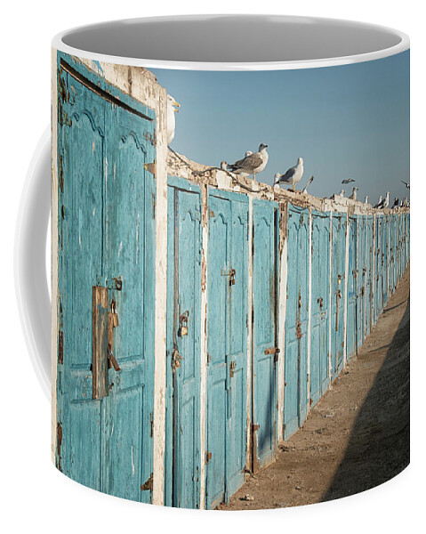 Fisherman Lockers Coffee Mug featuring the photograph Blue Lockers by Jessica Levant