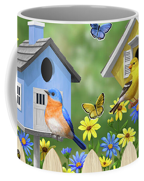 Birds Coffee Mug featuring the painting Bluebirds Goldfinches Chickadees Birdhouses Spring Flower Garden by Crista Forest