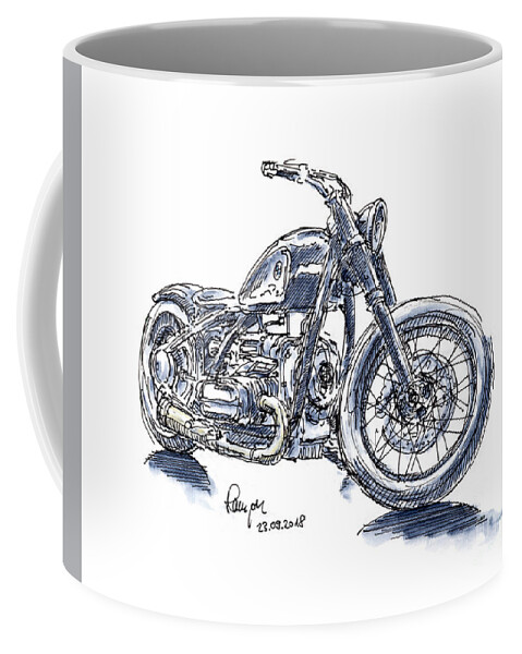 Motorbike Coffee Mug featuring the drawing BMW R5 Hommage Motorcycle Ink Drawing and Watercolor by Frank Ramspott