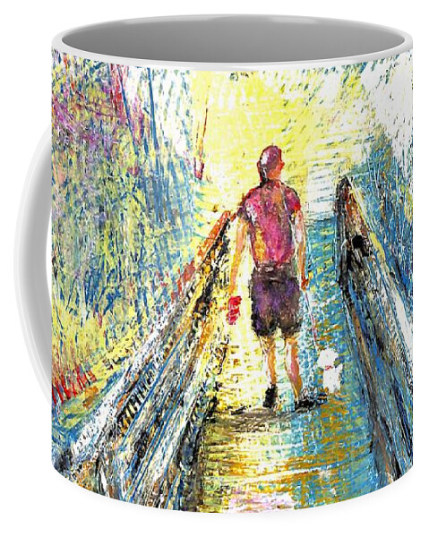 Walking Coffee Mug featuring the painting Bob and Pup on Boardwalk by Patty Donoghue