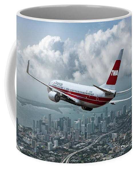American Airlines Coffee Mug featuring the mixed media Boeing 737 Climbing Out Over Downtown Miami by Erik Simonsen