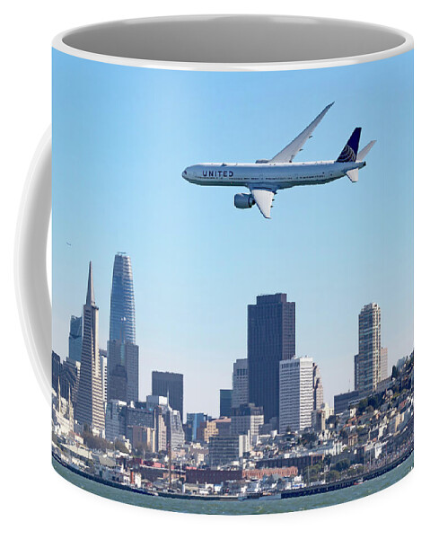 Airplane Coffee Mug featuring the photograph Boeing 777 and SF Skyline by Rick Pisio