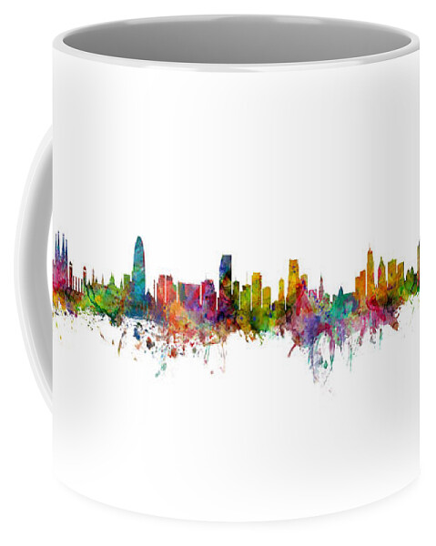 Bogota Coffee Mug featuring the digital art Bogota, Barcelona, Miami, Cincinnati and Orlando Skylines Mashup by Michael Tompsett