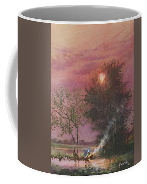 ; Bonfire Coffee Mug featuring the painting Bonfire By The Creek by Tom Shropshire