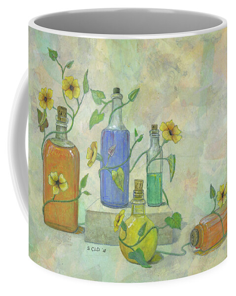 Bottles Coffee Mug featuring the mixed media Bottles and Blossoms by Sandy Clift
