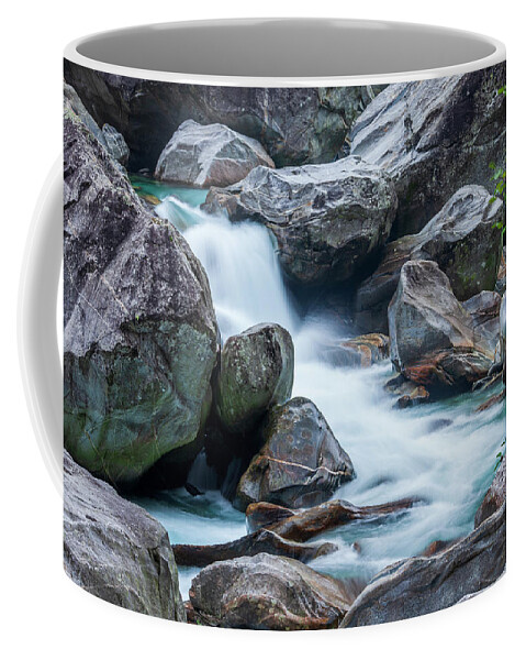 Heike Odermatt Coffee Mug featuring the photograph Boulders And Waterfall In Valle Verzasca by Heike Odermatt