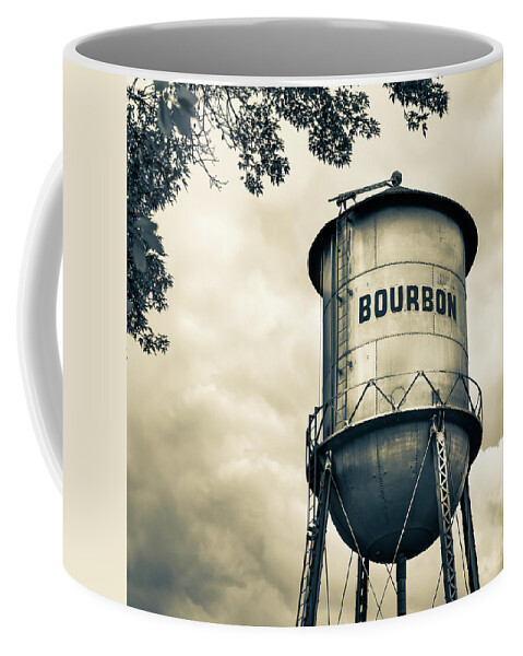 Bourbon Art Coffee Mug featuring the photograph Bourbon Whiskey Water Tower and Clouds - Vintage Sepia Edition by Gregory Ballos