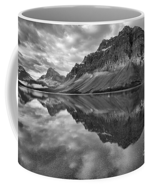 Bow Coffee Mug featuring the photograph Bow Lake Stormy Summer Sunrise Reflections Black And White by Adam Jewell
