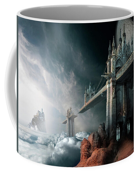 Sky Clouds Rainbow Bridge Haven Gothic Architecture Broken Island Moon Coffee Mug featuring the digital art Bridges to the Neverland by George Grie
