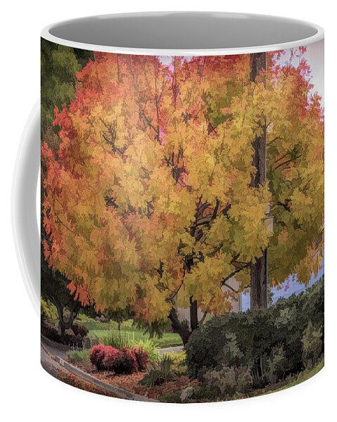 Autumn Coffee Mug featuring the digital art Brilliant Fall Color Tree Yellows Oranges Seasons by Chuck Kuhn