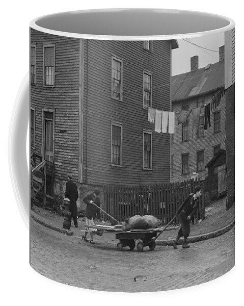 Home Coffee Mug featuring the painting Bringing home some salvaged firewood in slum area in New Bedford Massachusetts by Celestial Images