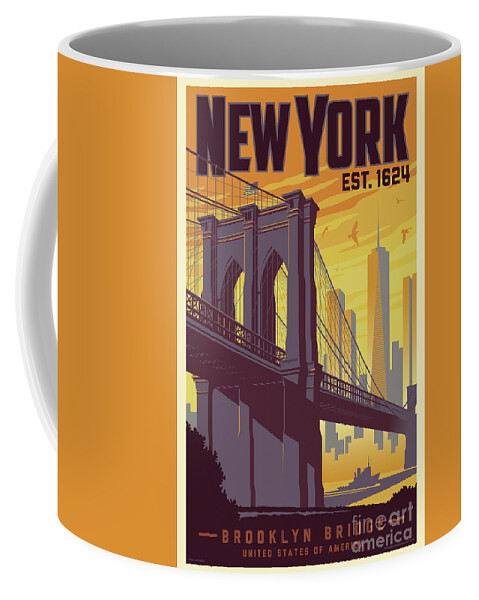 Travel Poster Coffee Mug featuring the digital art Brooklyn Bridge Poster - New York Vintage by Jim Zahniser