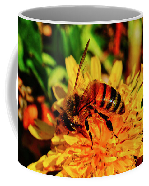 Macro Photography Coffee Mug featuring the photograph Bumble Bee On Yellow Flower by Meta Gatschenberger