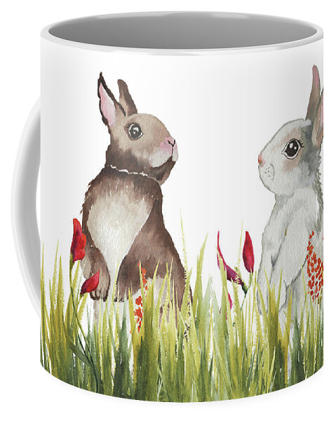 Bunnies Coffee Mug featuring the mixed media Bunnies Among The Flowers I by Elizabeth Medley