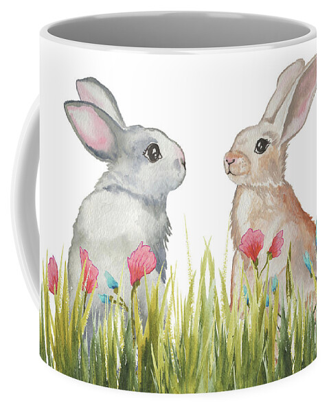 Bunnies Coffee Mug featuring the mixed media Bunnies Among The Flowers II by Elizabeth Medley