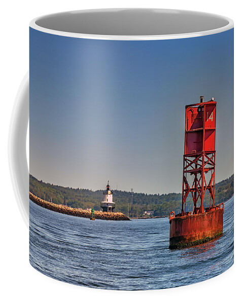Channel Coffee Mug featuring the photograph Buoy and Spring Point Ledge Light by Rick Berk