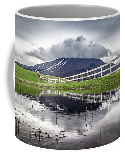 Spring Coffee Mug featuring the photograph Burke Mountain Fence Reflection by Tim Kirchoff