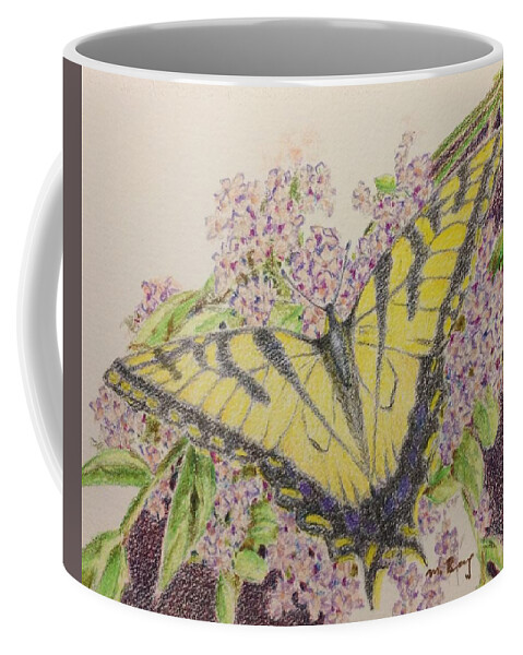 Framed Prints Coffee Mug featuring the drawing Butterfly on buddliea blossoms by Milly Tseng