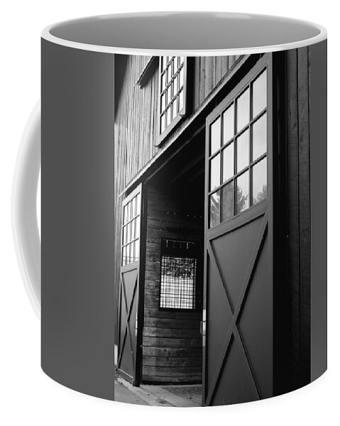 Black And White Coffee Mug featuring the photograph BW Barn Door Perspective by Mike McBrayer
