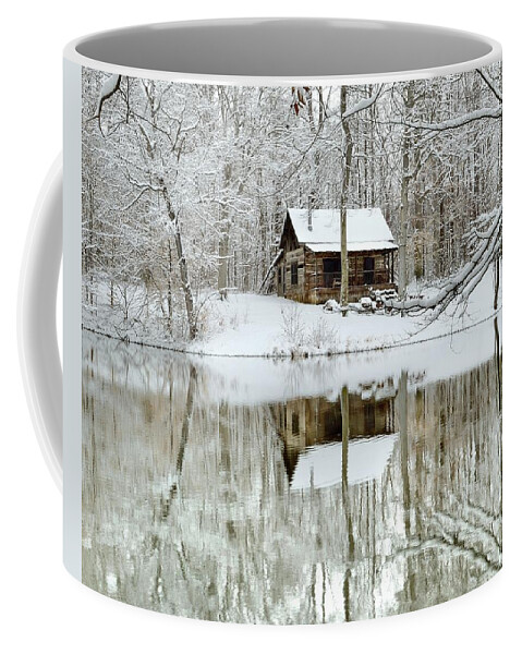 Ohio Cabin Reflections Winter Pond Coffee Mug featuring the photograph Cabin in the Woods - Winter by Jeff Burcher