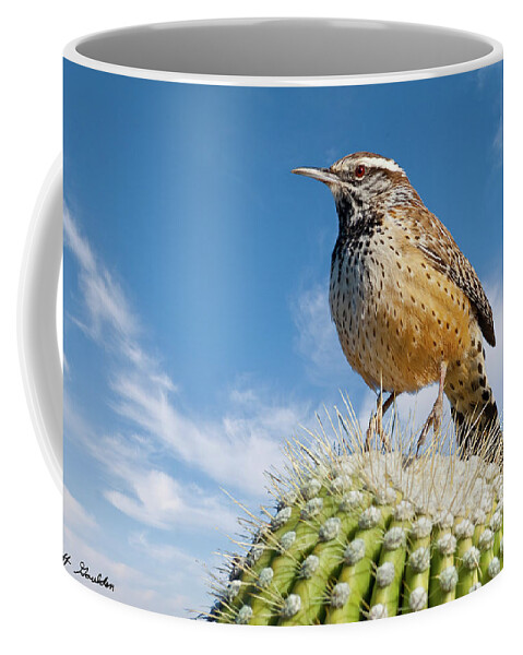 Adult Coffee Mug featuring the photograph Cactus Wren on a Saguaro Cactus by Jeff Goulden