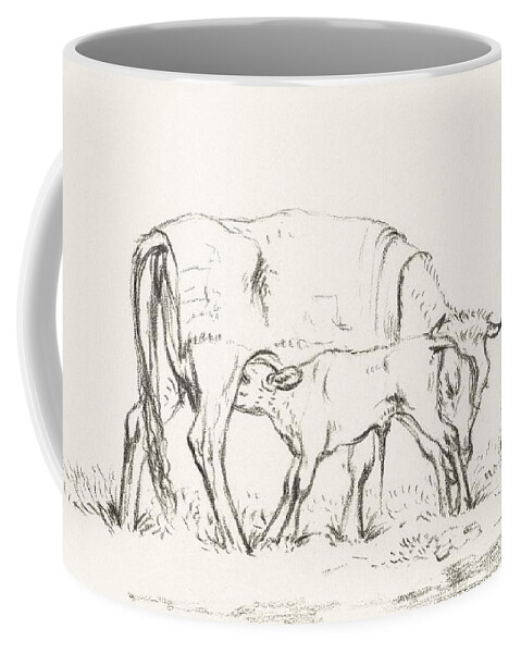 Brown Coffee Mug featuring the painting Calf drinking with his mother 1815 by Jean Bernard 1775-1883 by Celestial Images
