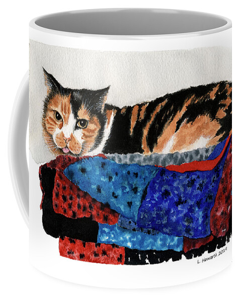 Cat Coffee Mug featuring the painting Calico Cutie by Louise Howarth
