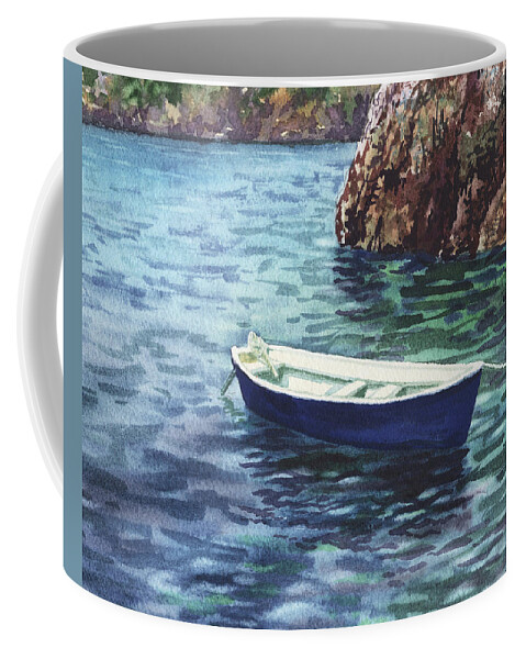Boat Coffee Mug featuring the painting Calm Safe Harbor With A Boat by Irina Sztukowski