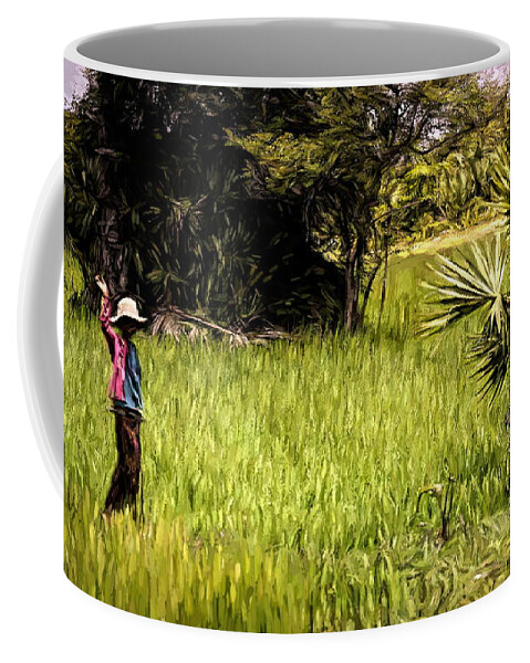 Cambodia Coffee Mug featuring the photograph Cambodian Boy Rice Fields Wave Water Buffalo Asia by Chuck Kuhn
