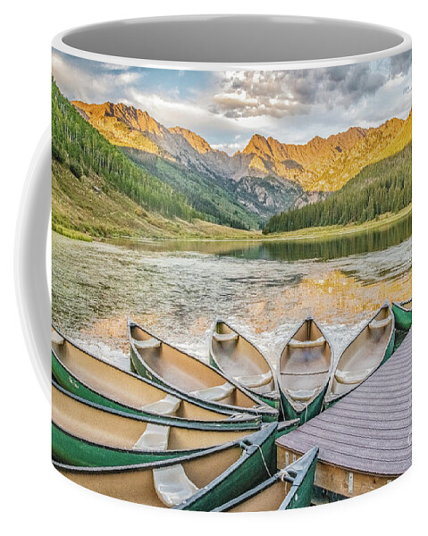 Canoe Coffee Mug featuring the photograph Canoes at Sunset by Melissa Lipton