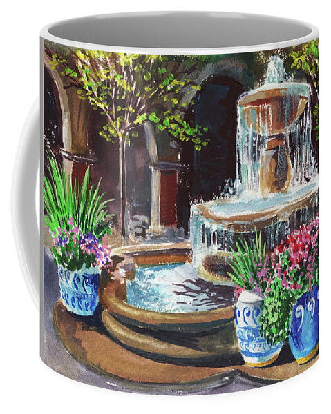 Courtyard Coffee Mug featuring the painting Cascading Fountain Summer Garden by Irina Sztukowski