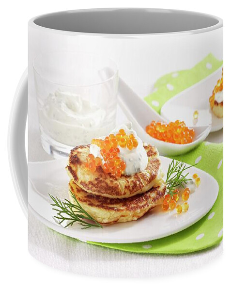 Ip_11403843 Coffee Mug featuring the photograph Cauliflower Blinis With Salmon Trout Caviar by Teubner Foodfoto