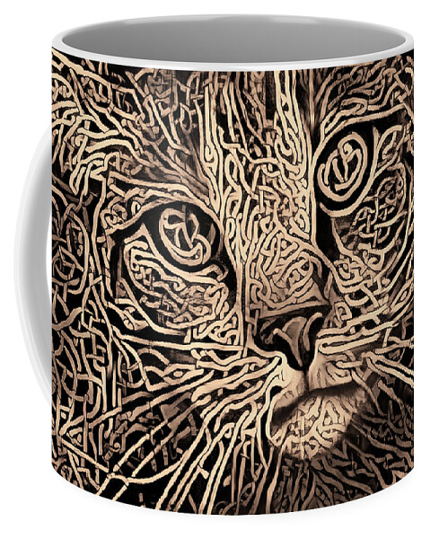Celtic Cat Coffee Mug featuring the digital art Celtic Knot Tabby Cat - Sepia Version by Peggy Collins
