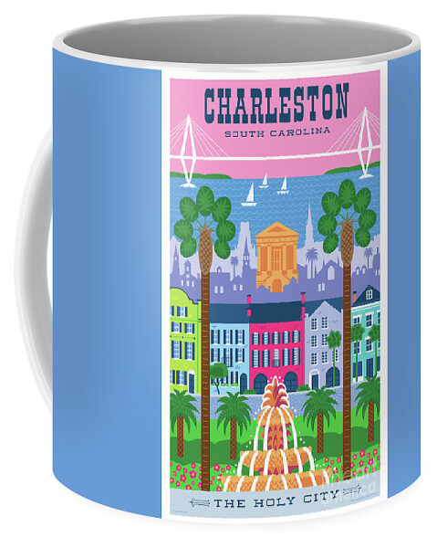 #faatoppicks Coffee Mug featuring the digital art Charleston Poster - Retro Travel by Jim Zahniser