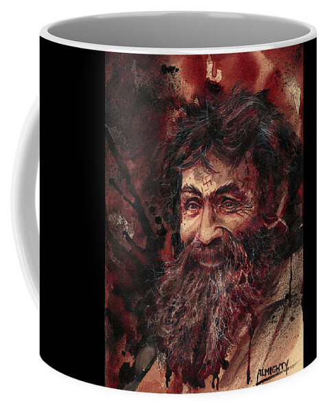 Ryan Almighty Coffee Mug featuring the painting CHARLES MANSON portrait dry blood #1 by Ryan Almighty