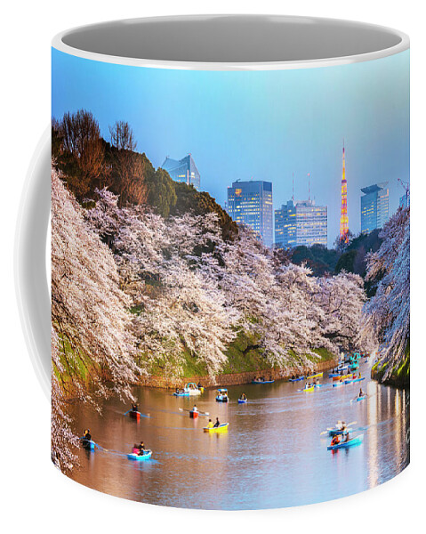 Tokyo Coffee Mug featuring the photograph Cherry blossoms in Tokyo at sunset by Matteo Colombo